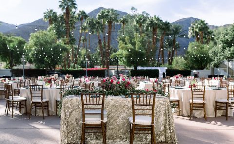 Elegant outdoor wedding setup at La Quinta Resort & Club with mountain views.