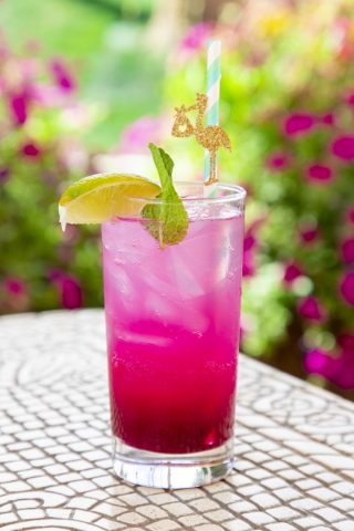 Bright pink tropical cocktail with lemon and mint garnish.