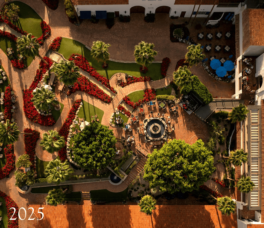 Aerial view of La Quinta Resort & Club gardens with lush greenery and pathways.