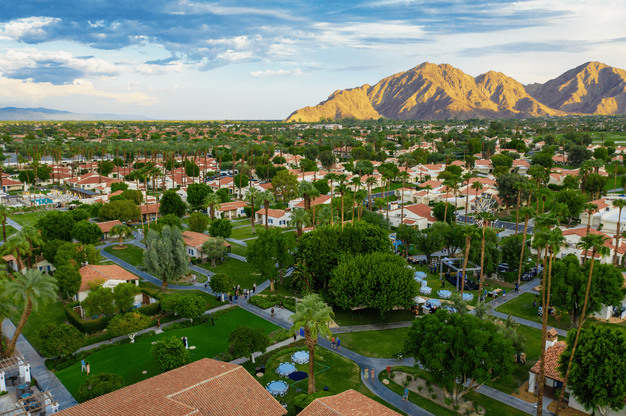 Scenic view of La Quinta Resort with mountains, emphasizing eco-friendly landscape efforts.