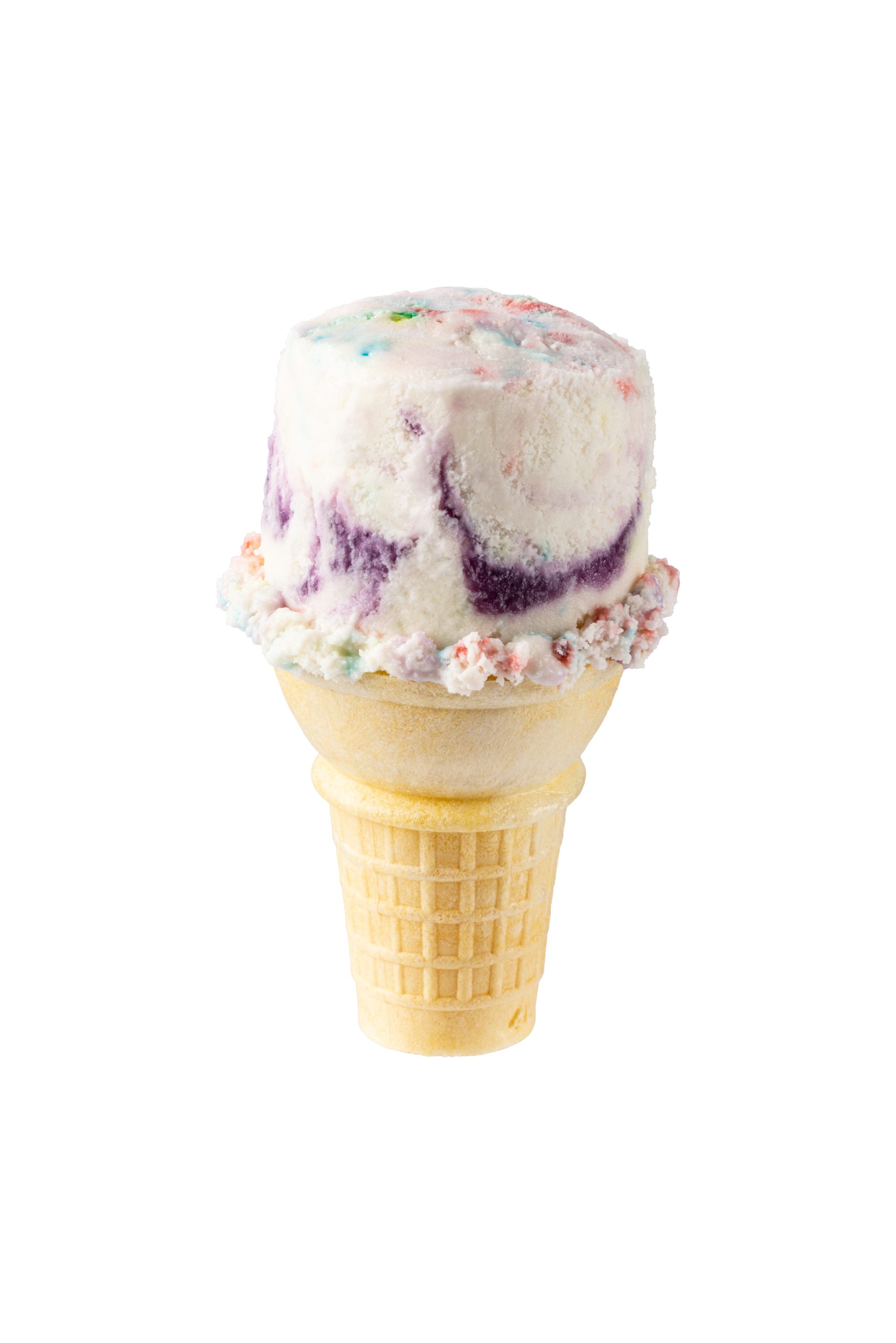 Ice cream cone with colorful sprinkles and swirls, on a white background.