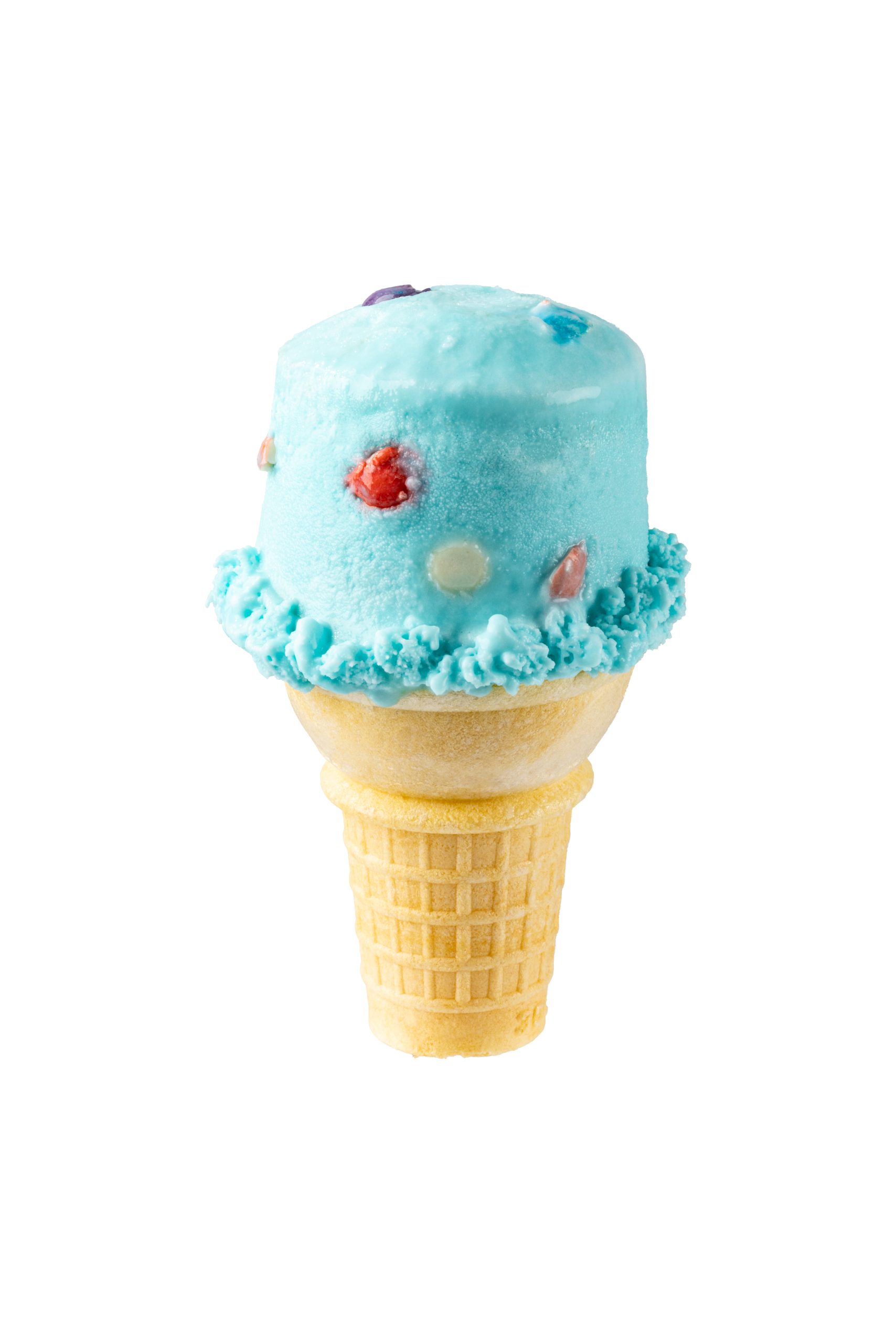 Delicious blue ice cream scoop with sprinkles on a waffle cone, perfect for a refreshing treat.