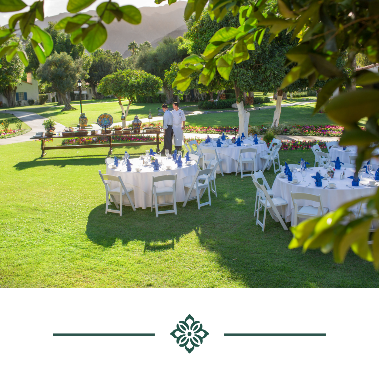 Outdoor event setup with tables, chairs, and scenic mountain views at La Quinta Resort.