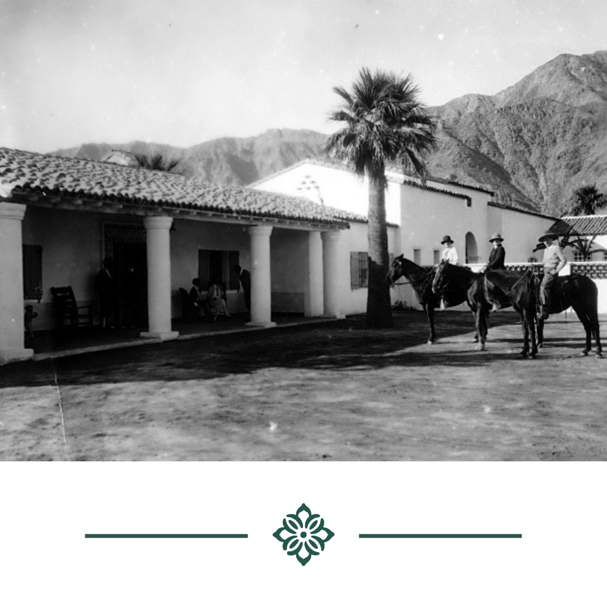 Historic scene at La Quinta Resort & Club with horse riders and a colonial-style building.