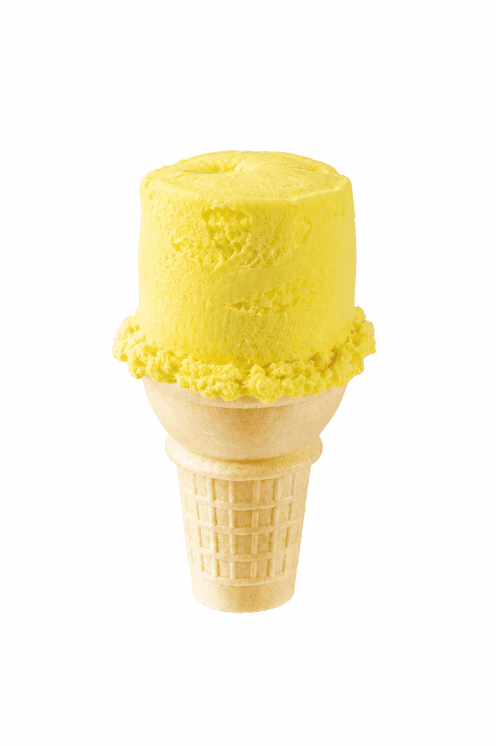 Creamy lemon ice cream scoop in a waffle cone, perfect for a refreshing treat. Bright yellow color a.