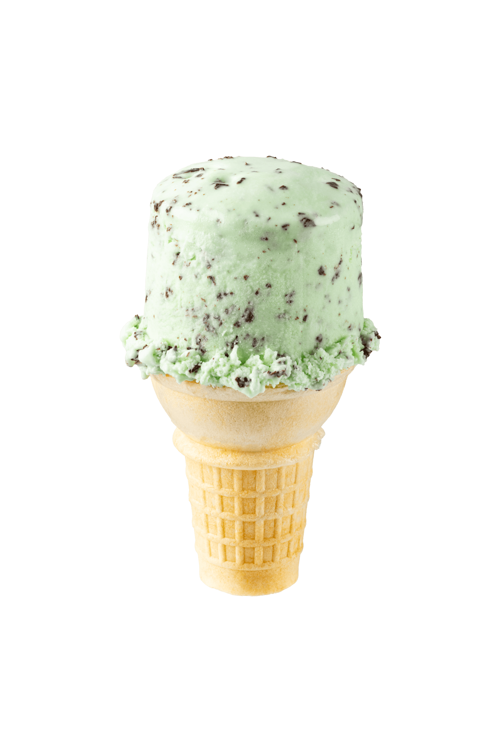 Mint chocolate chip ice cream in a waffle cone, close-up.