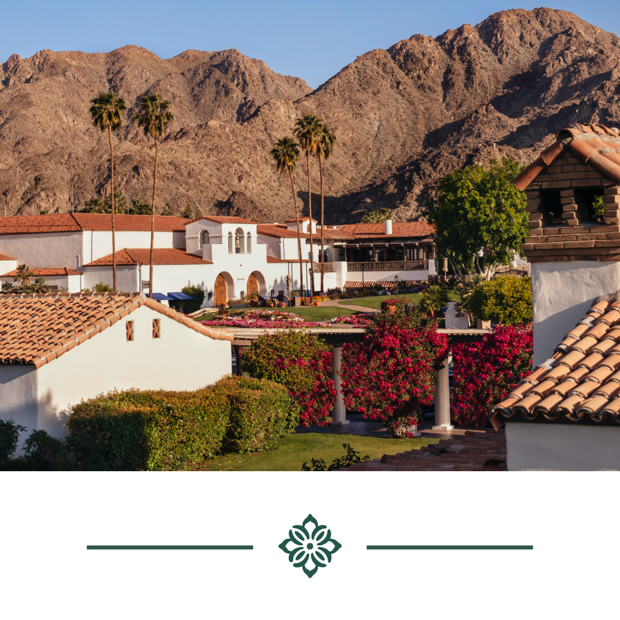 Scenic view of La Quinta Resort & Club with mountains, lush gardens, and Spanish-style architecture.
