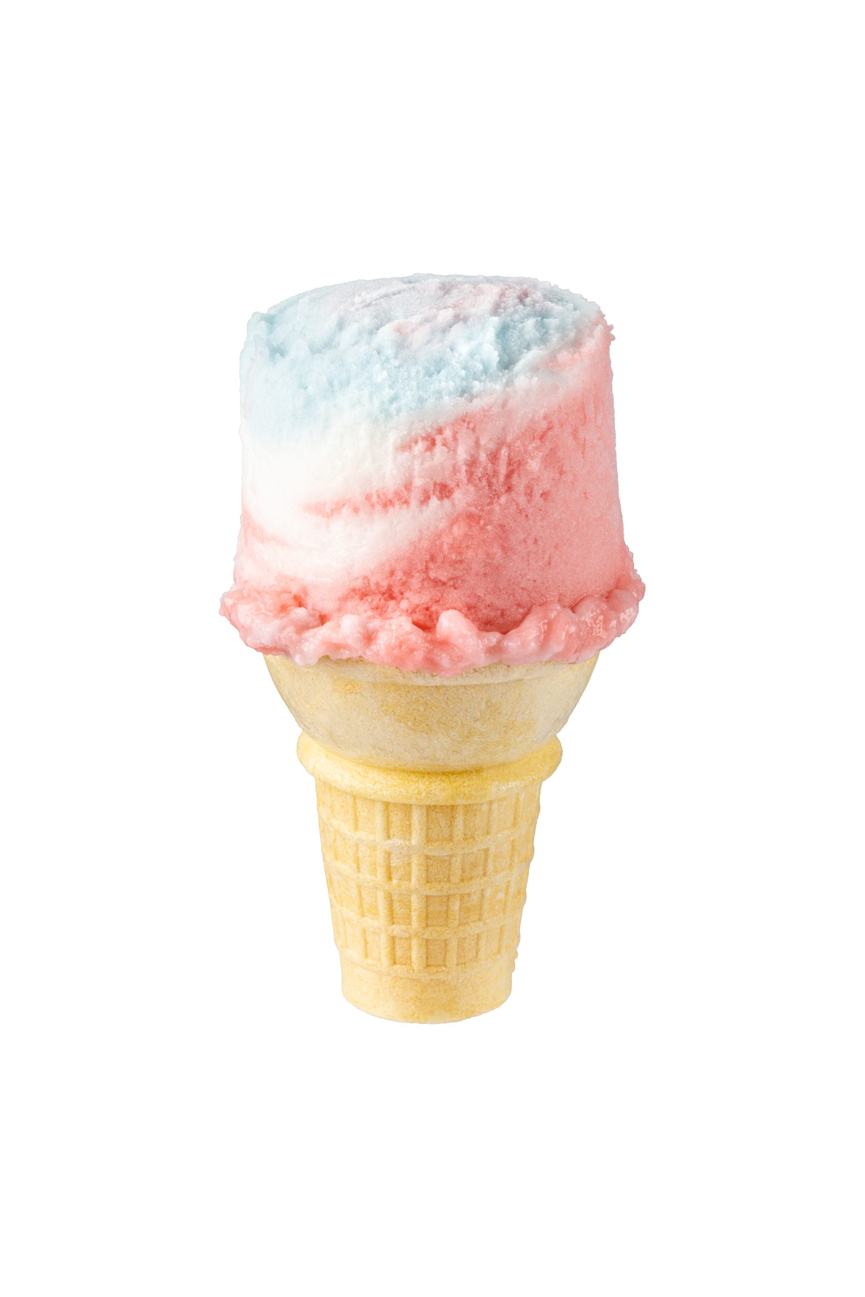 Colorful ice cream cone with pink and blue ice cream scoop on a white background.