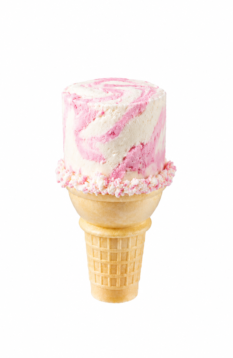 Pink and white swirl ice cream in a waffle cone on white background.