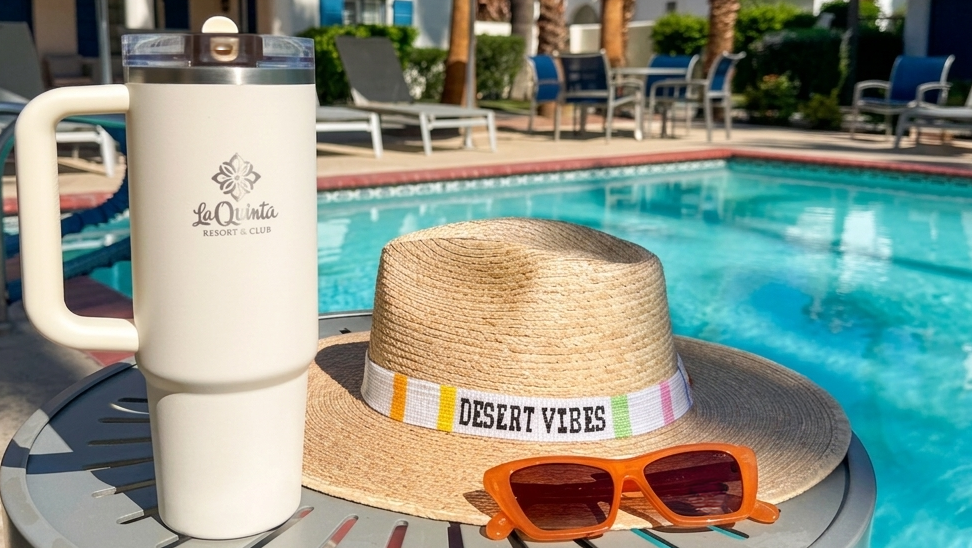 Poolside scene at La Quinta Resort & Club with sun hat, sunglasses, and water bottle.