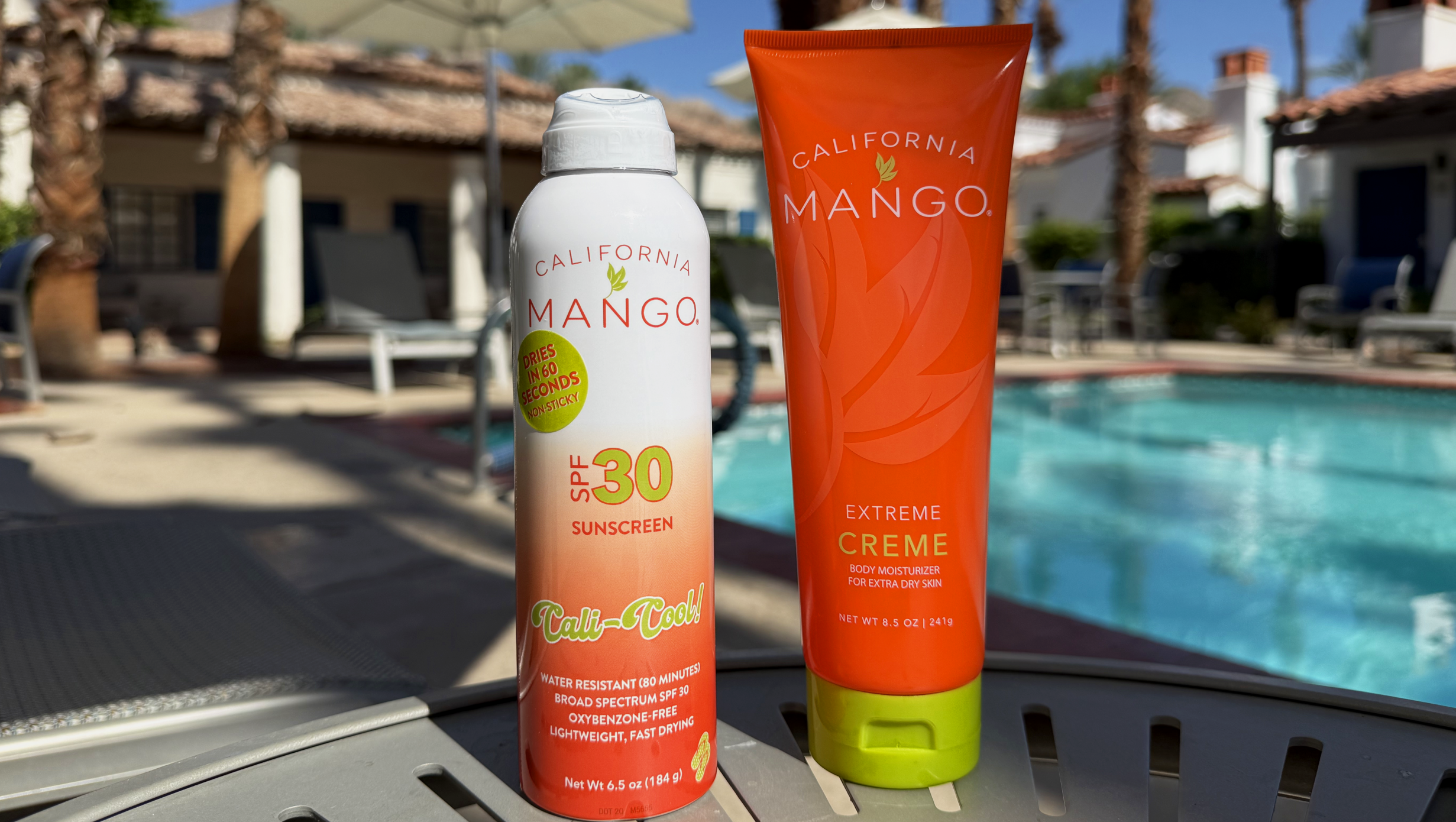 California Mango SPF 30 sunscreen and extreme creme at La Quinta Resort poolside.