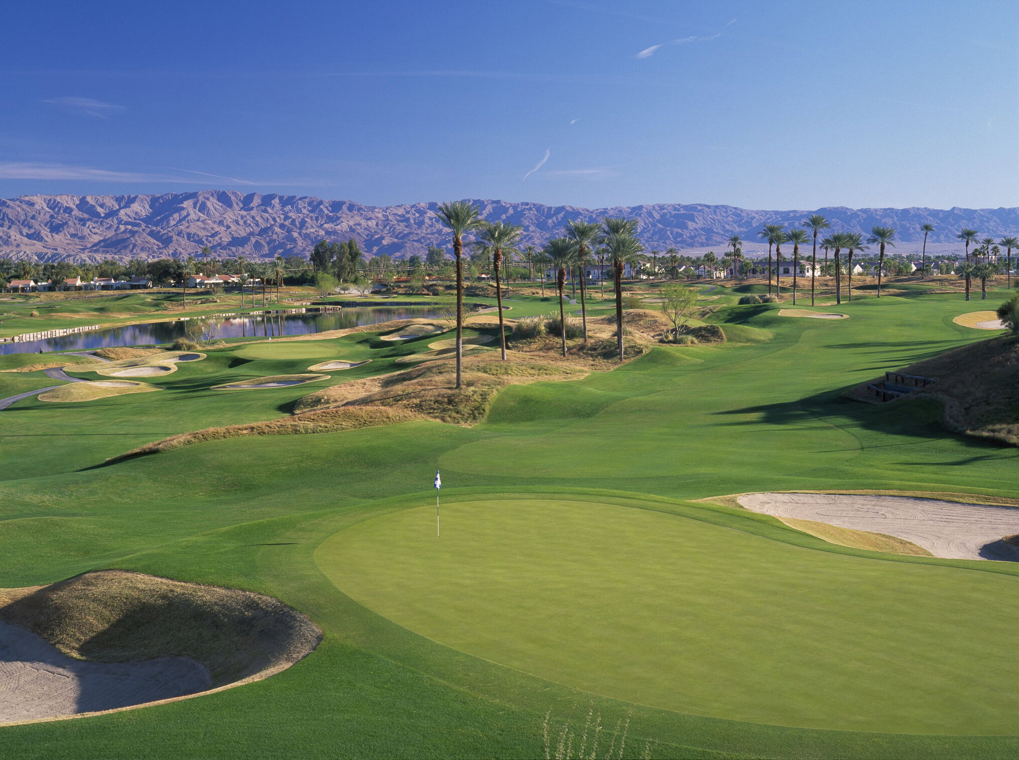 Scenic view of La Quinta Resort golf course with mountains in background.