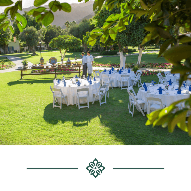 Outdoor dining setup at La Quinta Resort with elegant tables and lush greenery.