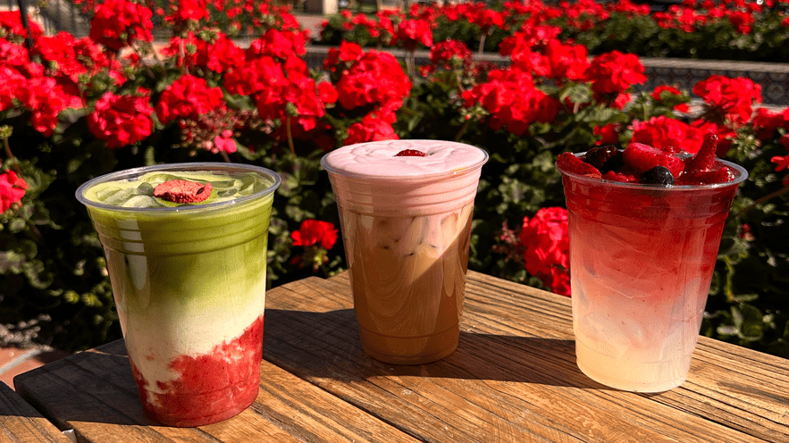 Three colorful layered drinks on a wooden table with red flowers in the background.