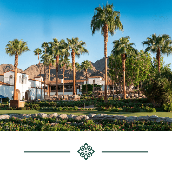 Scenic view of La Quinta Resort & Club with palm trees and mountains in the background.