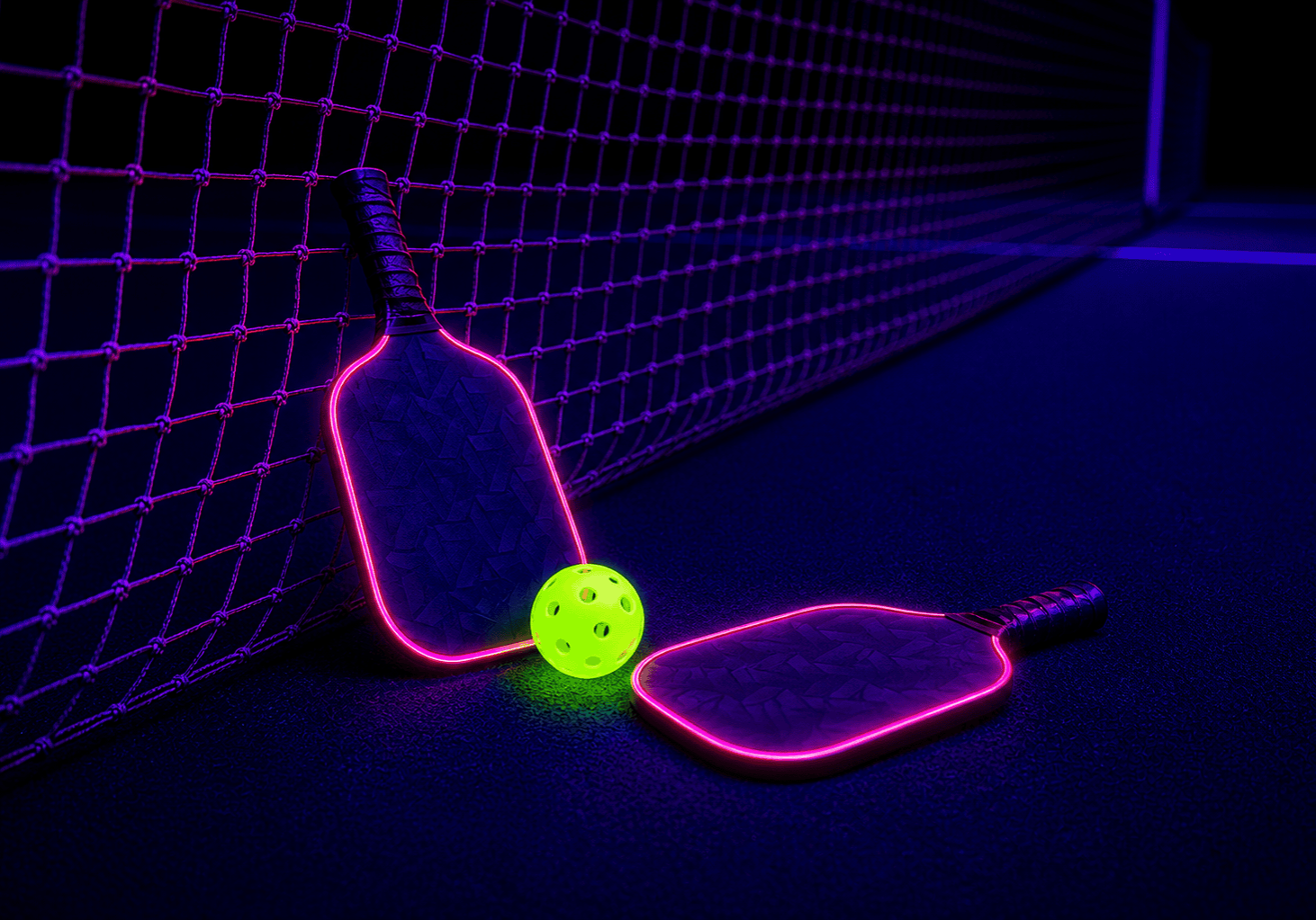 Padel tennis rackets and ball with neon glow at La Quinta Resort.