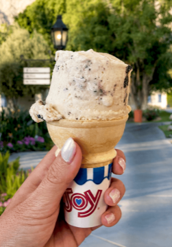 Hand holding ice cream cone at La Quinta Resort & Club in sunny garden.