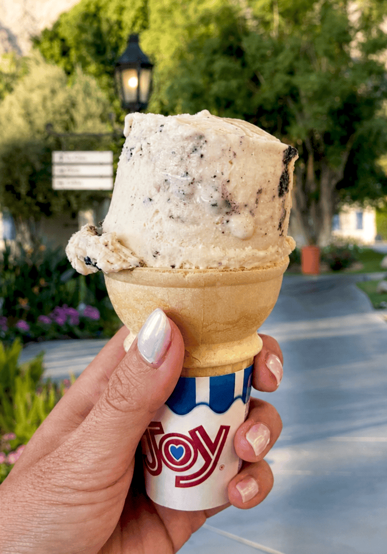 Hand holding ice cream cone at La Quinta Resort & Club in sunny garden.