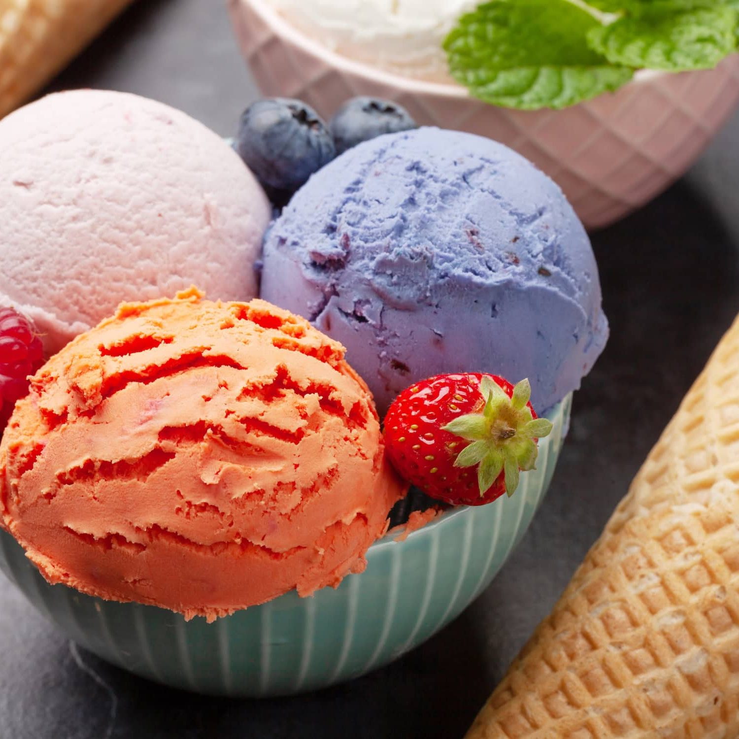 Ice cream scoops with berries in a bowl at La Quinta Resort.